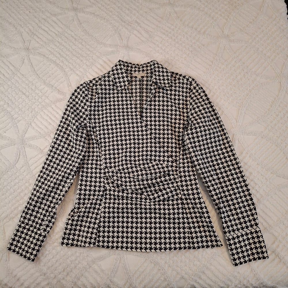 Talbots Women 8 Blouse Black White Houndstooth Long Sleeve Faux Wrap Cotton